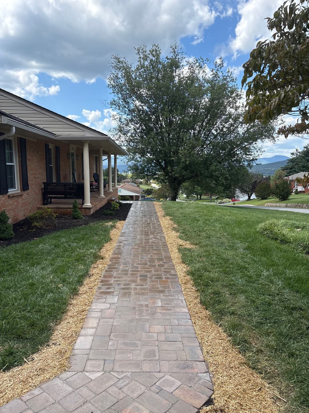 Brick walkway leading to a house, surrounded by green grass and a large tree under a blue sky.